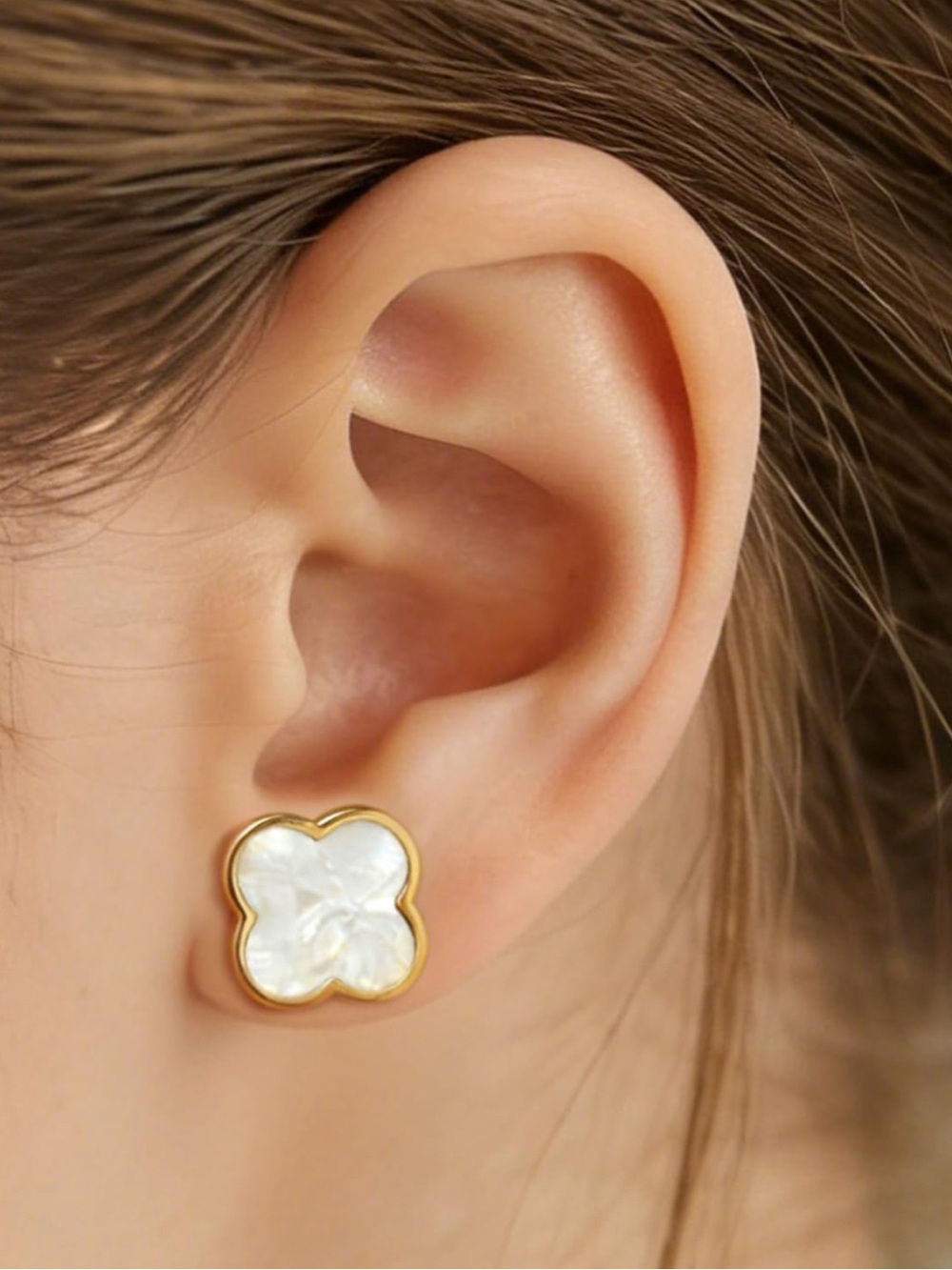 New! Alhambra Style Gold and White Mother-of-Pearl Clover Earrings - Picture 2 of 6